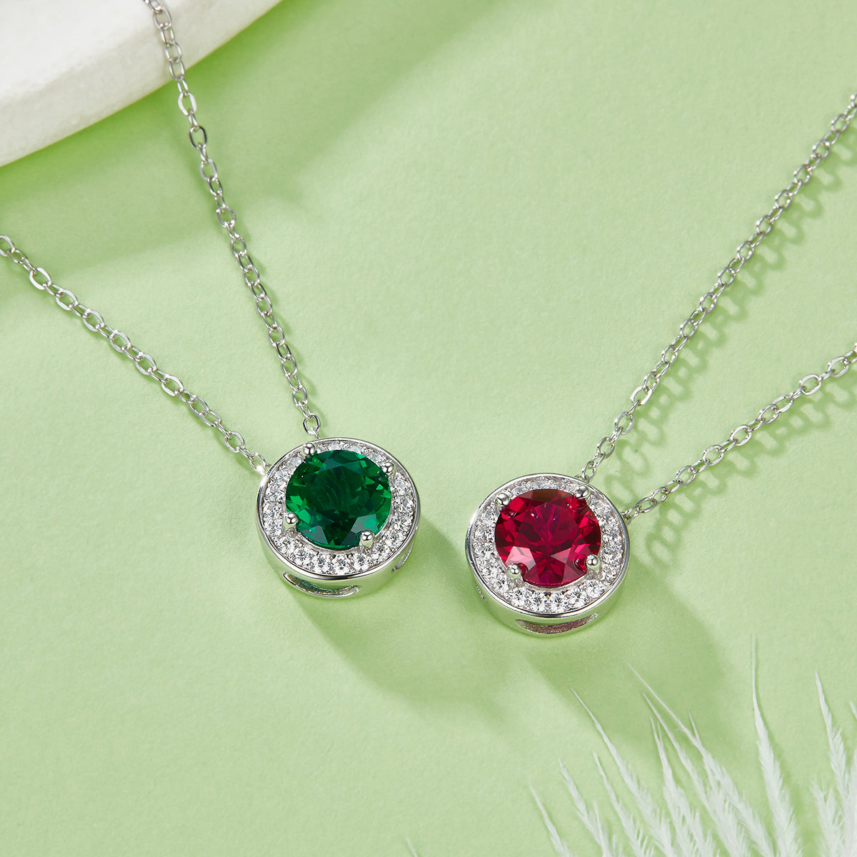 1.0 Carat Round Cultivated Colored Gemstone Halo Necklace in S925 Silver and Platinum Finish