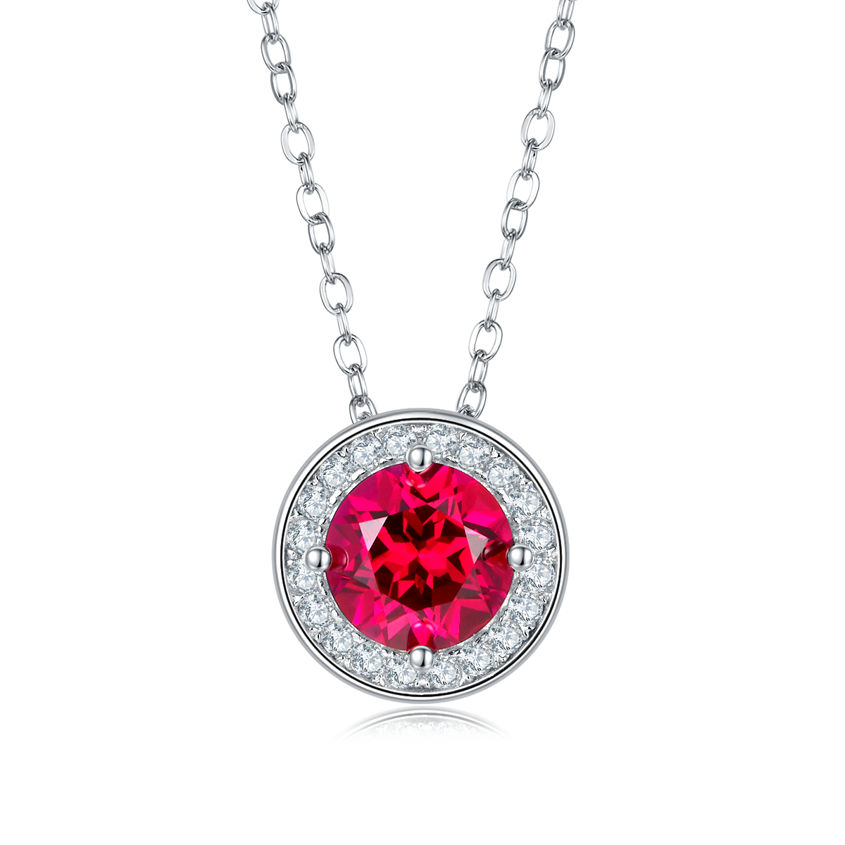 1.0 Carat Round Cultivated Colored Gemstone Halo Necklace in S925 Silver and Platinum Finish