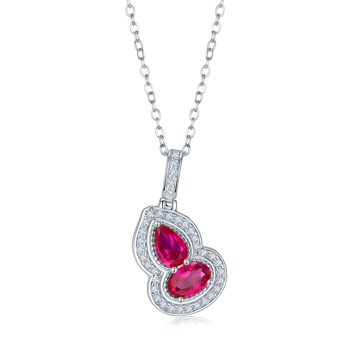 Lab Created Ruby Halo Necklace in S925 Silver with Platinum Plating – 1.0 Carat Gourd Design