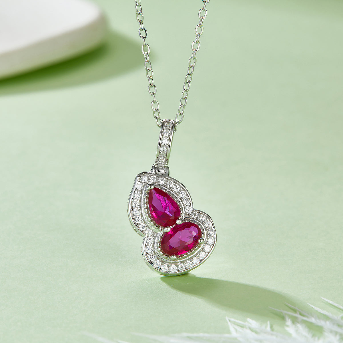 Lab Created Ruby Halo Necklace in S925 Silver with Platinum Plating – 1.0 Carat Gourd Design