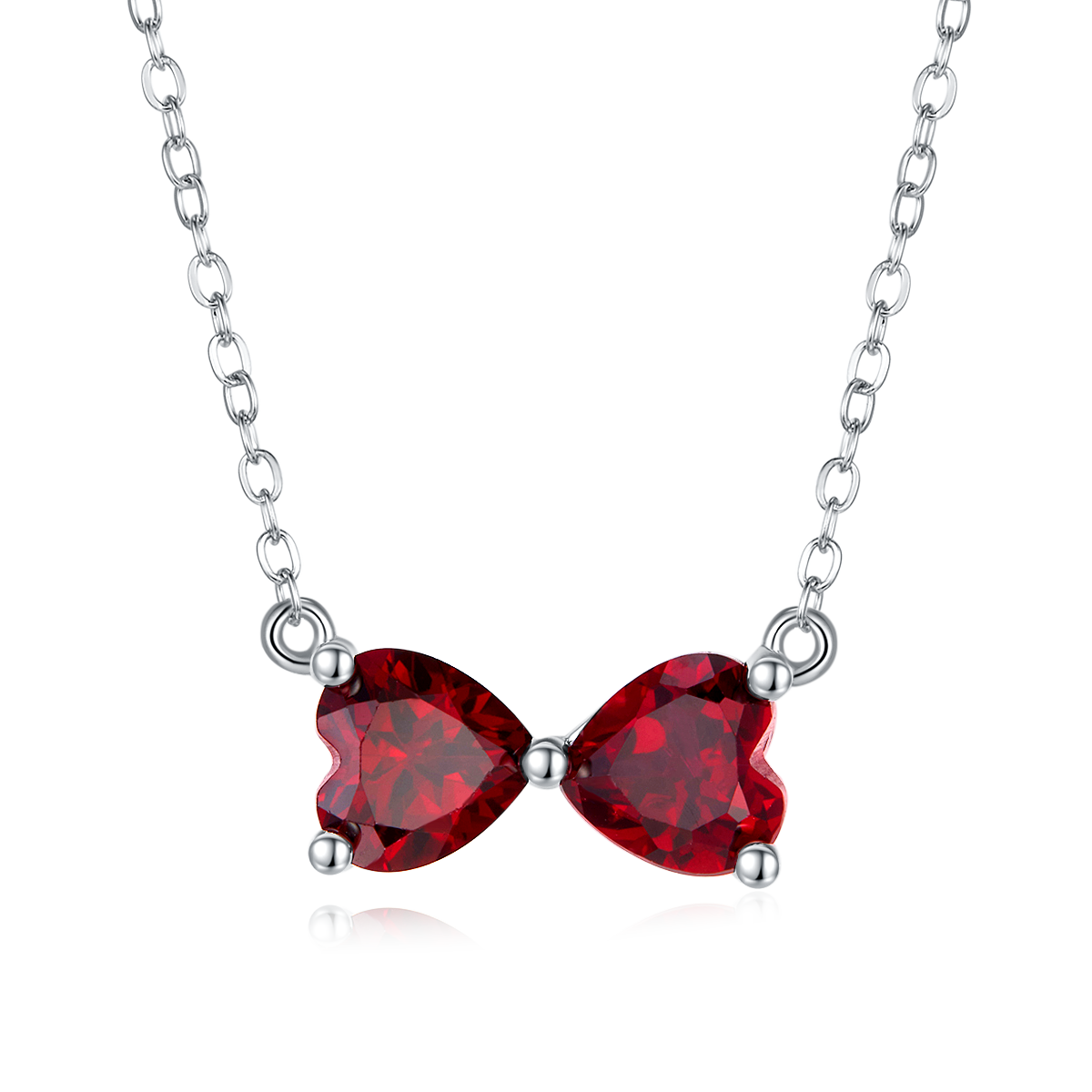 1.6 Carat Sterling Silver Plated Double Heart Lab Created Ruby Bow Necklace