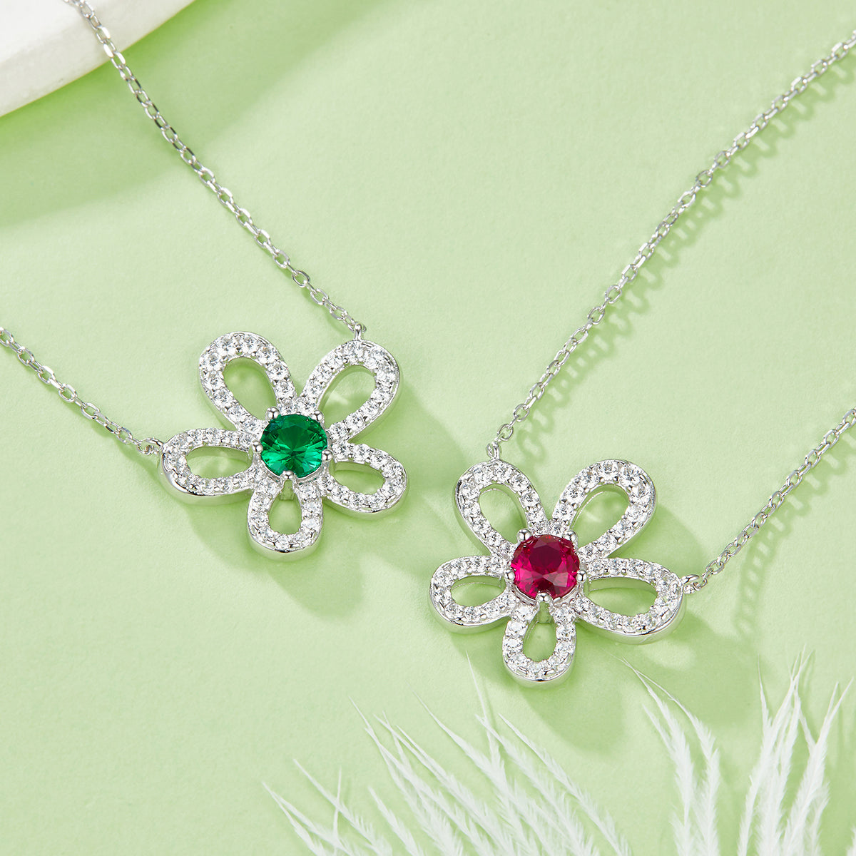 0.5 Carat Round Lab Created Emerald/Ruby Flower Necklace in S925 Silver with Platinum Plating