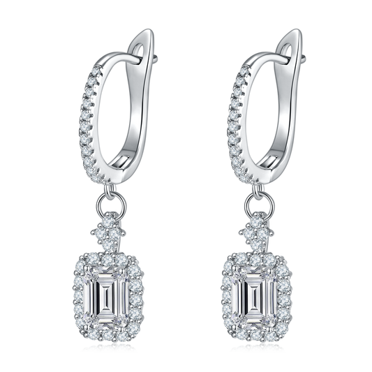 2.0 Carat Moissanite Soleste Halo Drop Earrings in Platinum-Plated S925 Silver