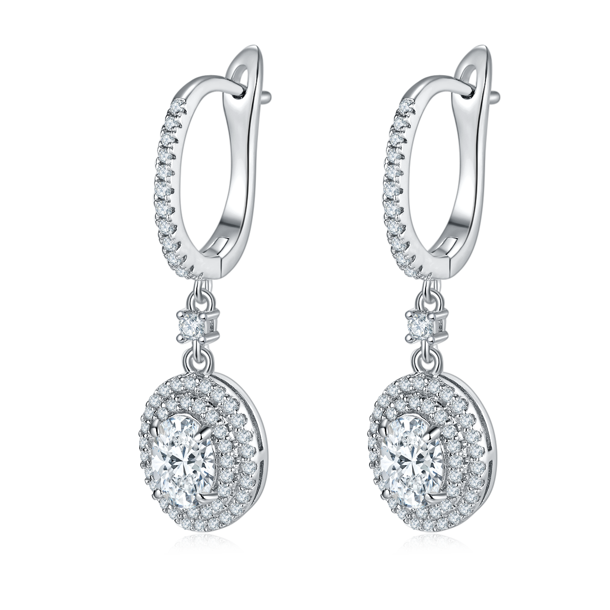 2.0 Carat Oval Moissanite Double Halo Drop Earrings in S925 Silver and Platinum Plating