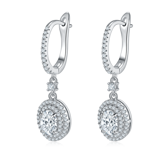 2.0 Carat Oval Moissanite Double Halo Drop Earrings in S925 Silver and Platinum Plating