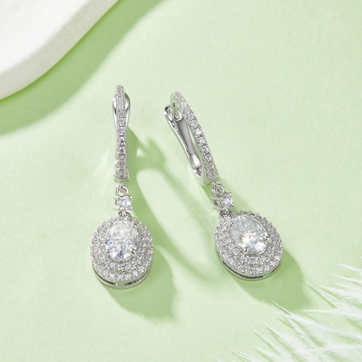 2.0 Carat Oval Moissanite Double Halo Drop Earrings in S925 Silver and Platinum Plating