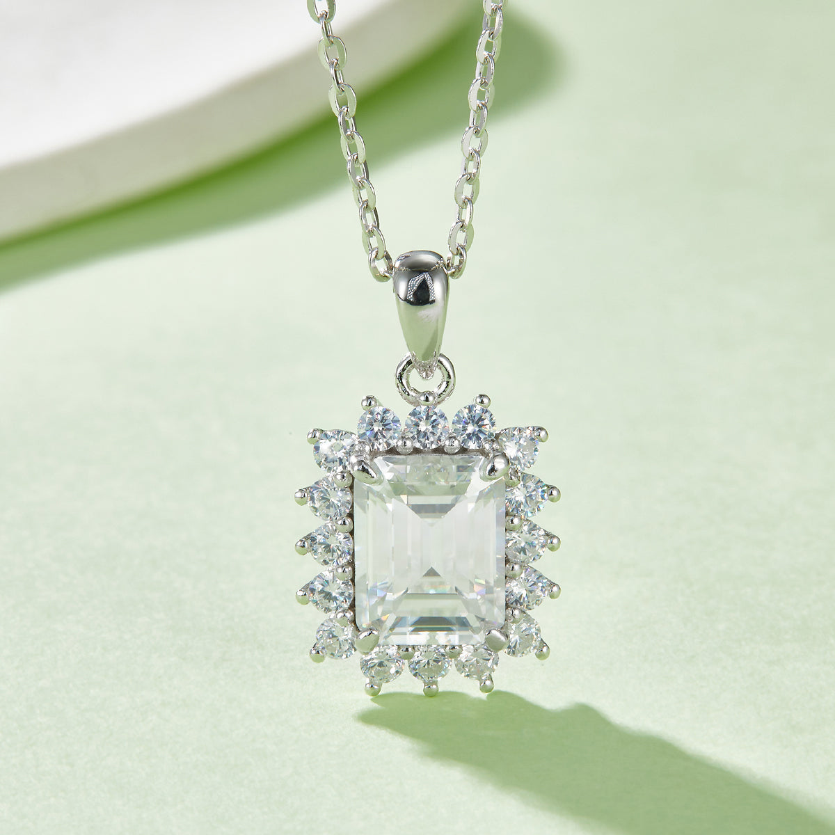 3.0 Carat Emerald Cut Moissanite Halo Necklace in S925 Silver with Platinum Plating