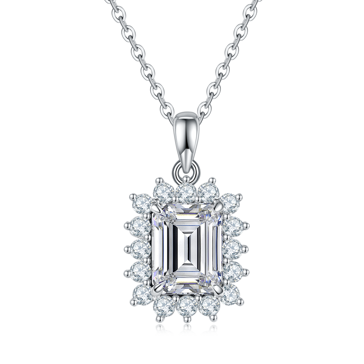 3.0 Carat Emerald Cut Moissanite Halo Necklace in S925 Silver with Platinum Plating