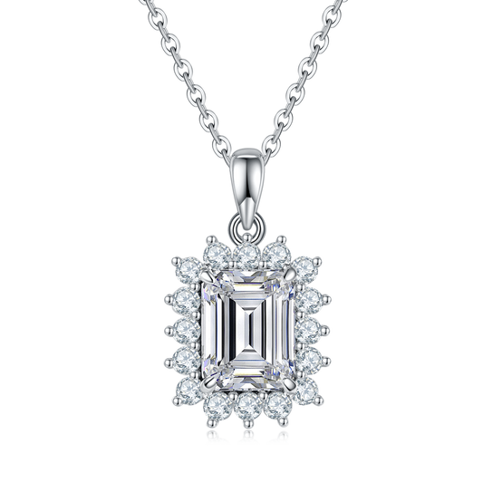 3.0 Carat Emerald Cut Moissanite Halo Necklace in S925 Silver with Platinum Plating