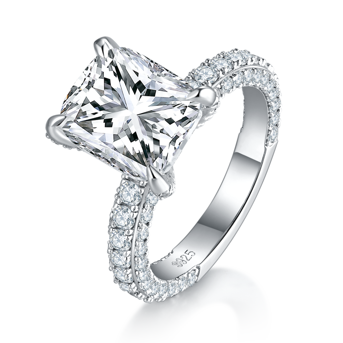 5.0 Carat Rectangle Moissanite Cathedral Ring in S925 Silver with Platinum Plating