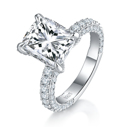 5.0 Carat Rectangle Moissanite Cathedral Ring in S925 Silver with Platinum Plating