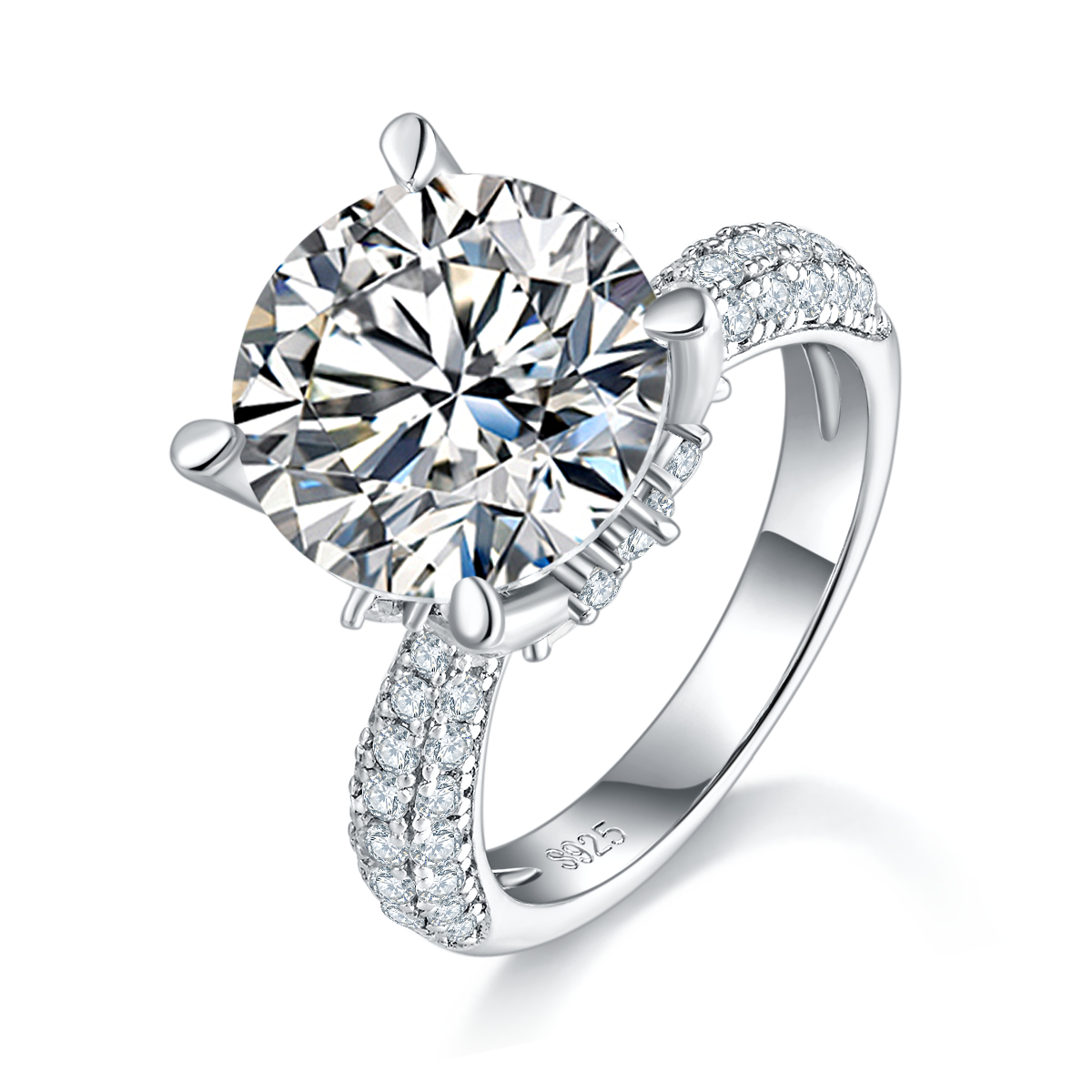 5.0 Carat Round Moissanite Cathedral Ring in S925 Silver with Platinum Finish