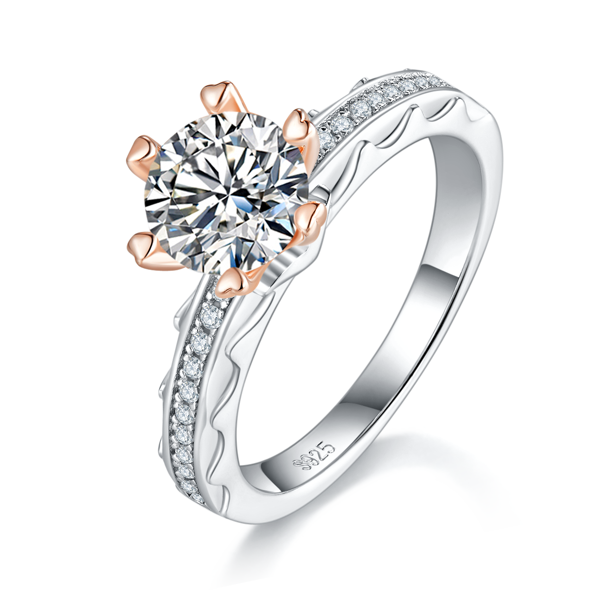 Elegant 1.0 Carat Round Moissanite Two-Tone Sterling Silver and Platinum Ring