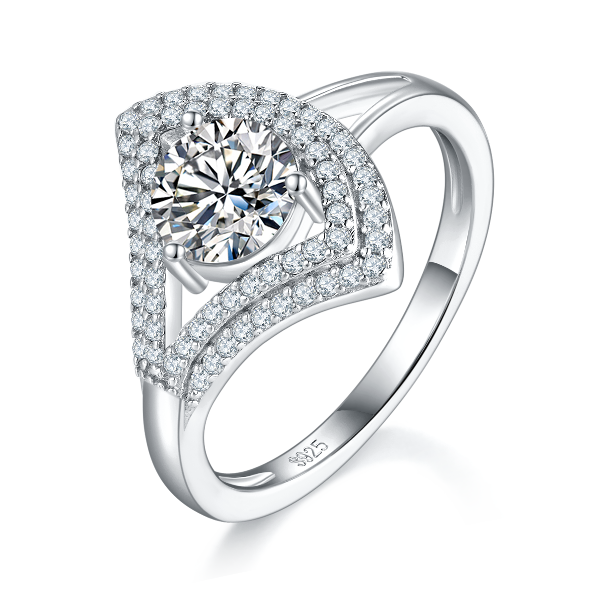 1.0 Carat Moissanite Fan-Shaped Ring in S925 Silver with Platinum Plating