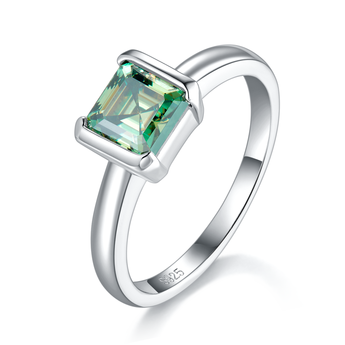 1.0 Carat Green Moissanite Asscher Cut Ring in S925 Silver with Platinum Plating