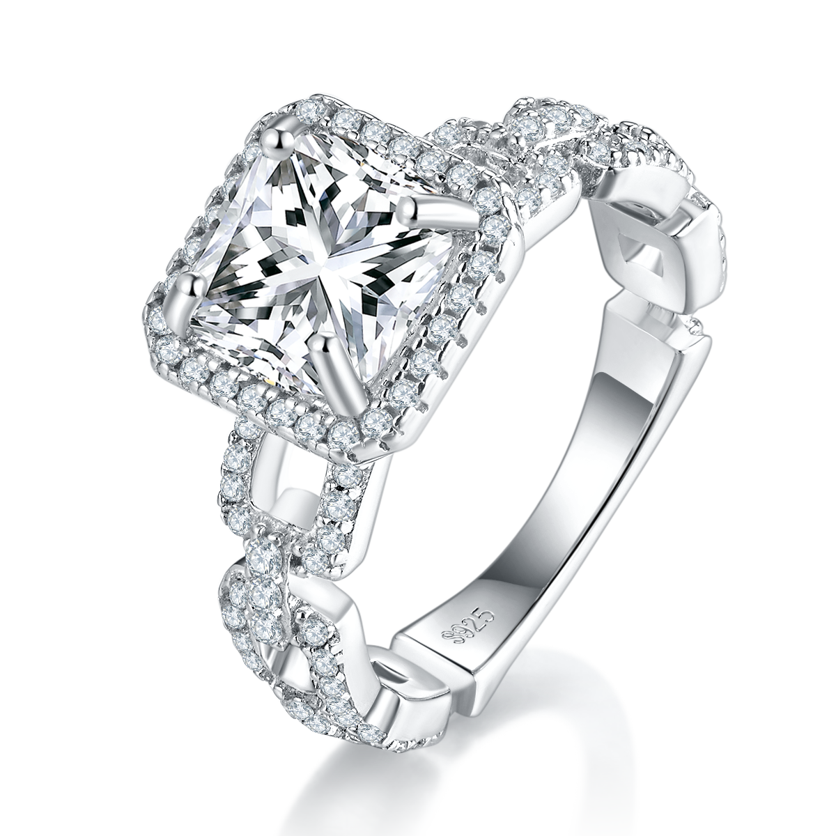 3.0 Carat Moissanite Princess Cut Ring with Soleste Halo and Platinum-Plated S925 Silver Chain