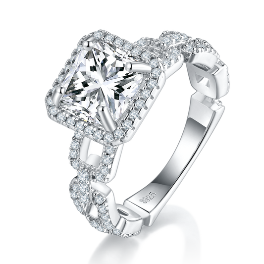 3.0 Carat Moissanite Princess Cut Ring with Soleste Halo and Platinum-Plated S925 Silver Chain