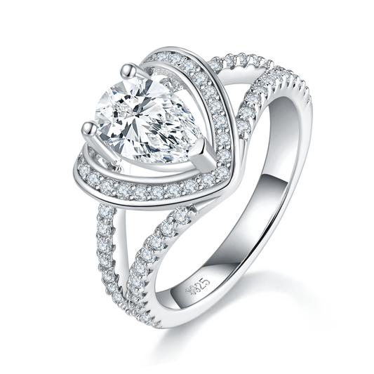 1.0 Carat Modern Split Shank Cathedral Ring with Pear Shape Moissanite Heart in S925 Silver Plated Platinum