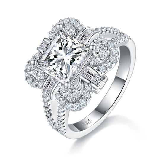 2.0 Carat Princess Cut Moissanite Sterling Silver Plated Platinum Ring in Gift Box