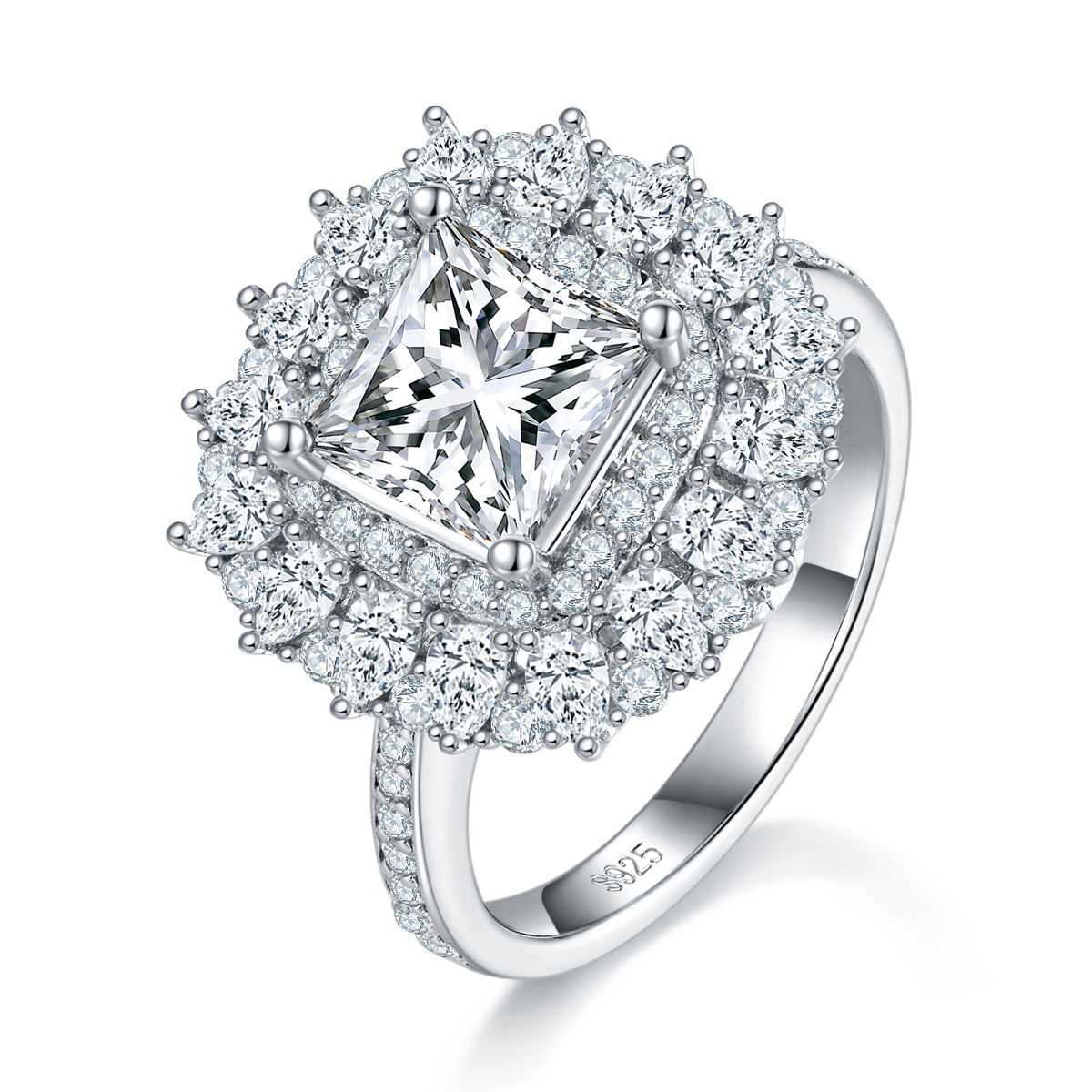 2.0 Carat Moissanite Princess Cut Ring with Luxurious Multi-Layer Halo in S925 Silver Plated Platinum