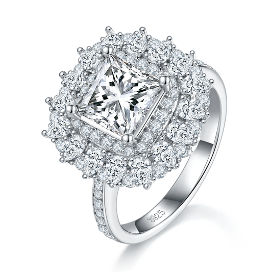 2.0 Carat Moissanite Princess Cut Ring with Luxurious Multi-Layer Halo in S925 Silver Plated Platinum