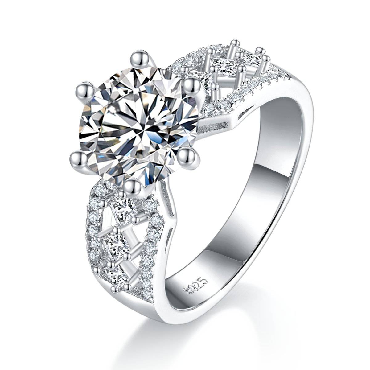 3.0 Carat Round Moissanite Hollow Arm Ring in S925 Silver with Platinum Plating