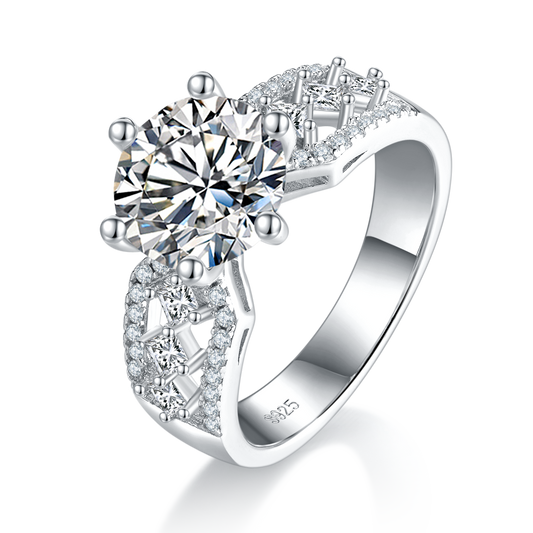 3.0 Carat Round Moissanite Hollow Arm Ring in S925 Silver with Platinum Plating