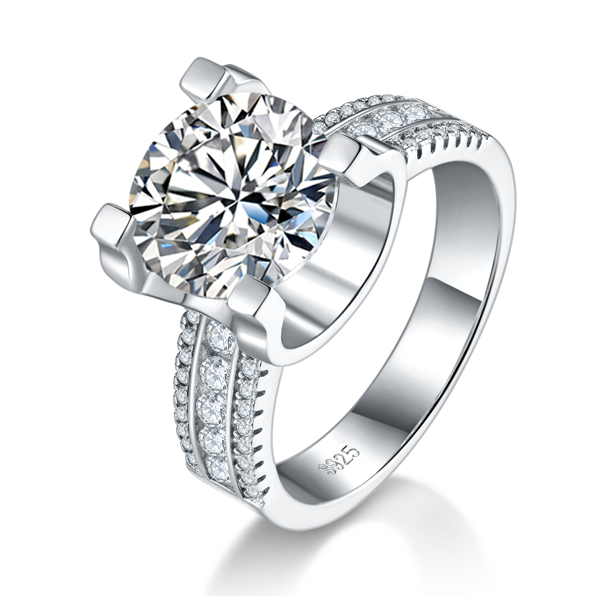 5.0 Carat Round Moissanite Ring with Oxhead Prongs in S925 Silver and Platinum Plating