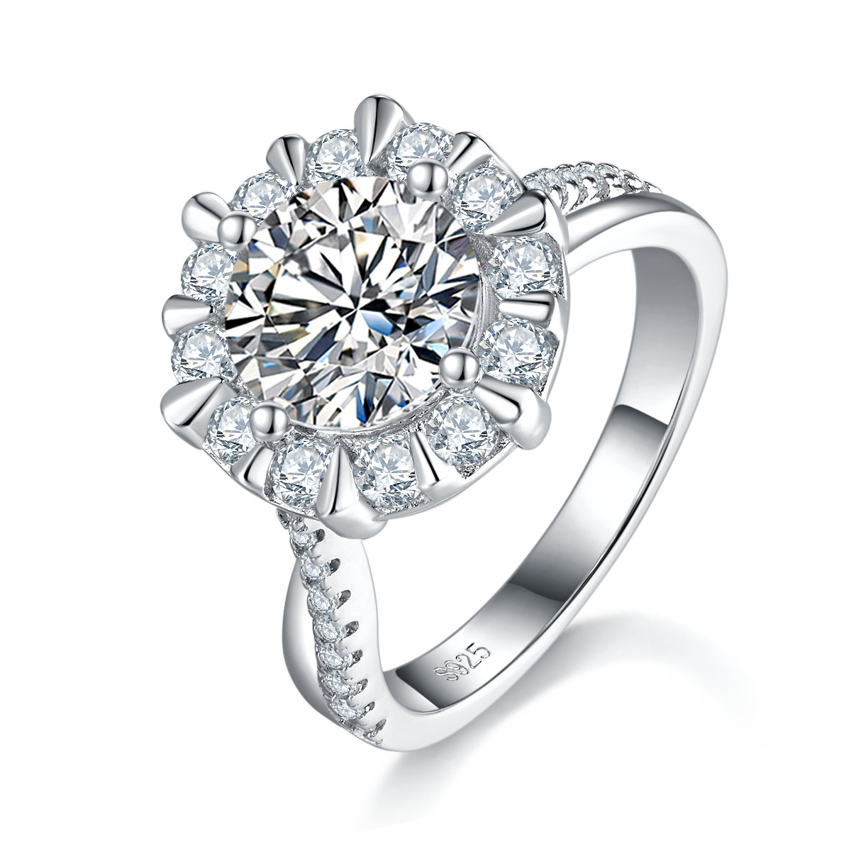 2.0 Carat Round Moissanite Halo Flower Ring in S925 Silver Plated Platinum