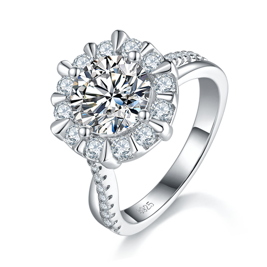 2.0 Carat Round Moissanite Halo Flower Ring in S925 Silver Plated Platinum