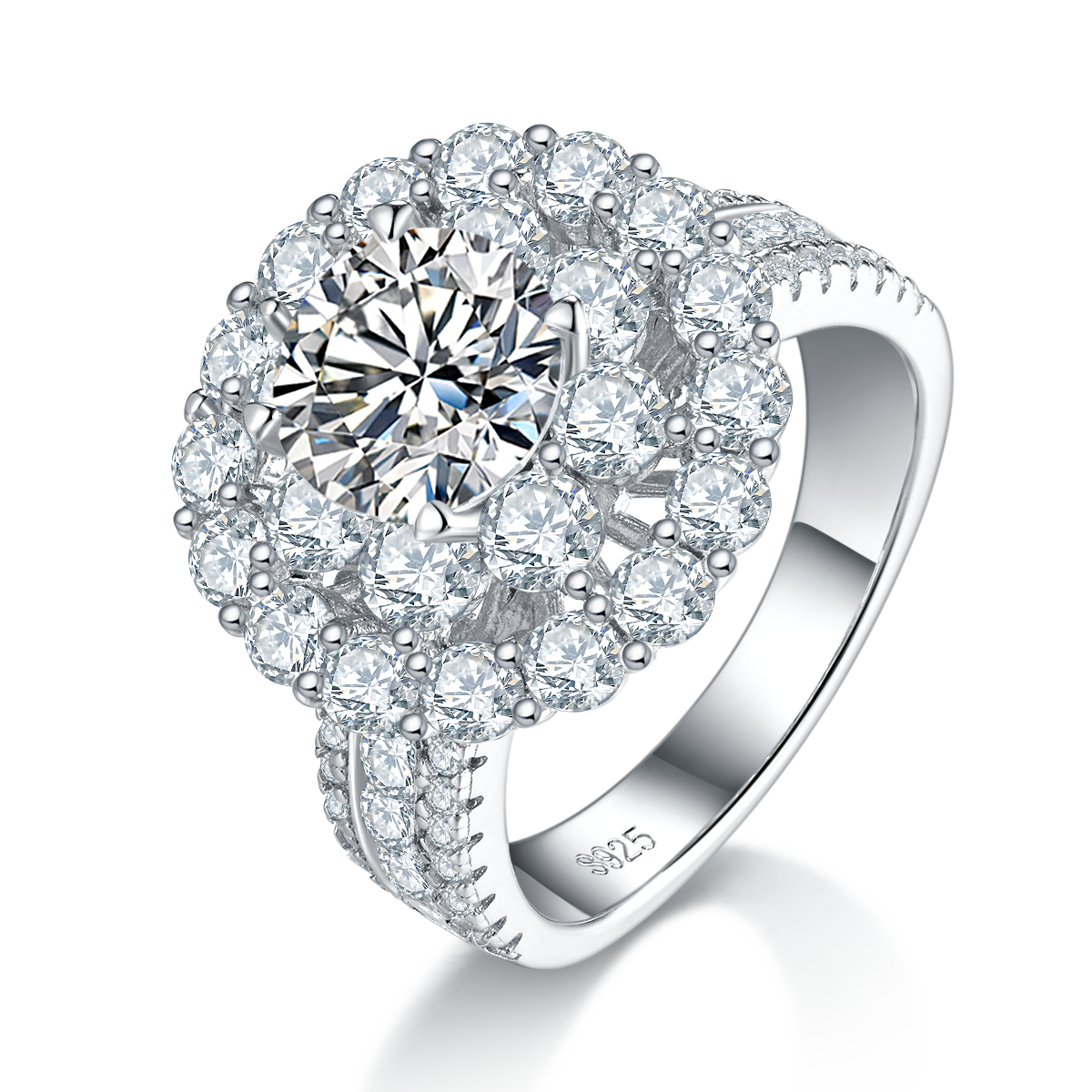 2.0 Carat Moissanite Double Halo Luxury Ring in S925 Silver and Platinum Finish