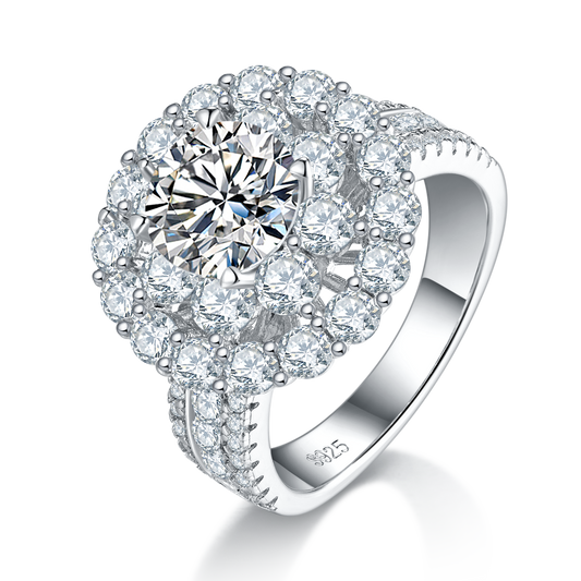 2.0 Carat Moissanite Double Halo Luxury Ring in S925 Silver and Platinum Finish