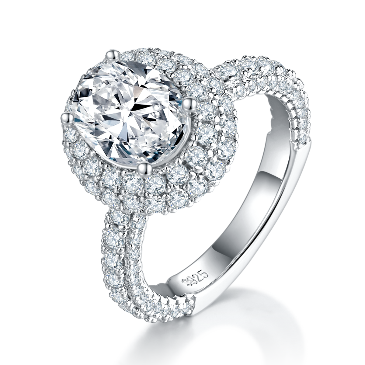 2.0 Carat Oval Moissanite Cathedral Ring with Double Halo in S925 Silver Plated Platinum