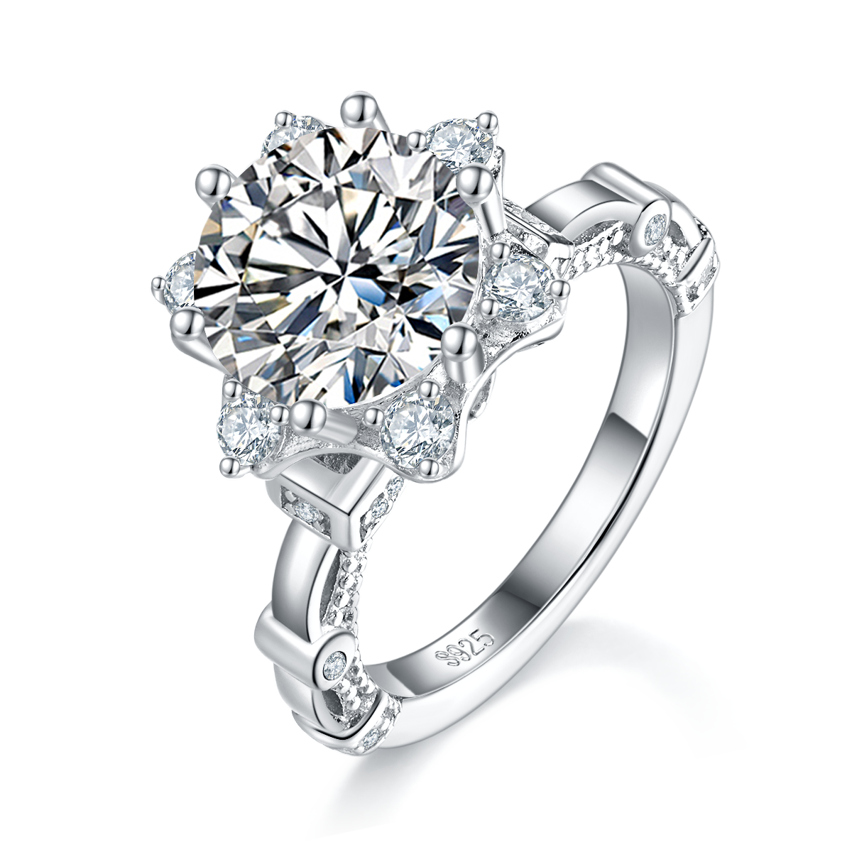 3.0 Carat Round Moissanite Cathedral Ring in S925 Silver with Elegant Flower Design