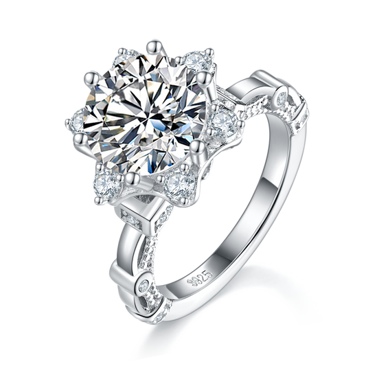 3.0 Carat Round Moissanite Cathedral Ring in S925 Silver with Elegant Flower Design