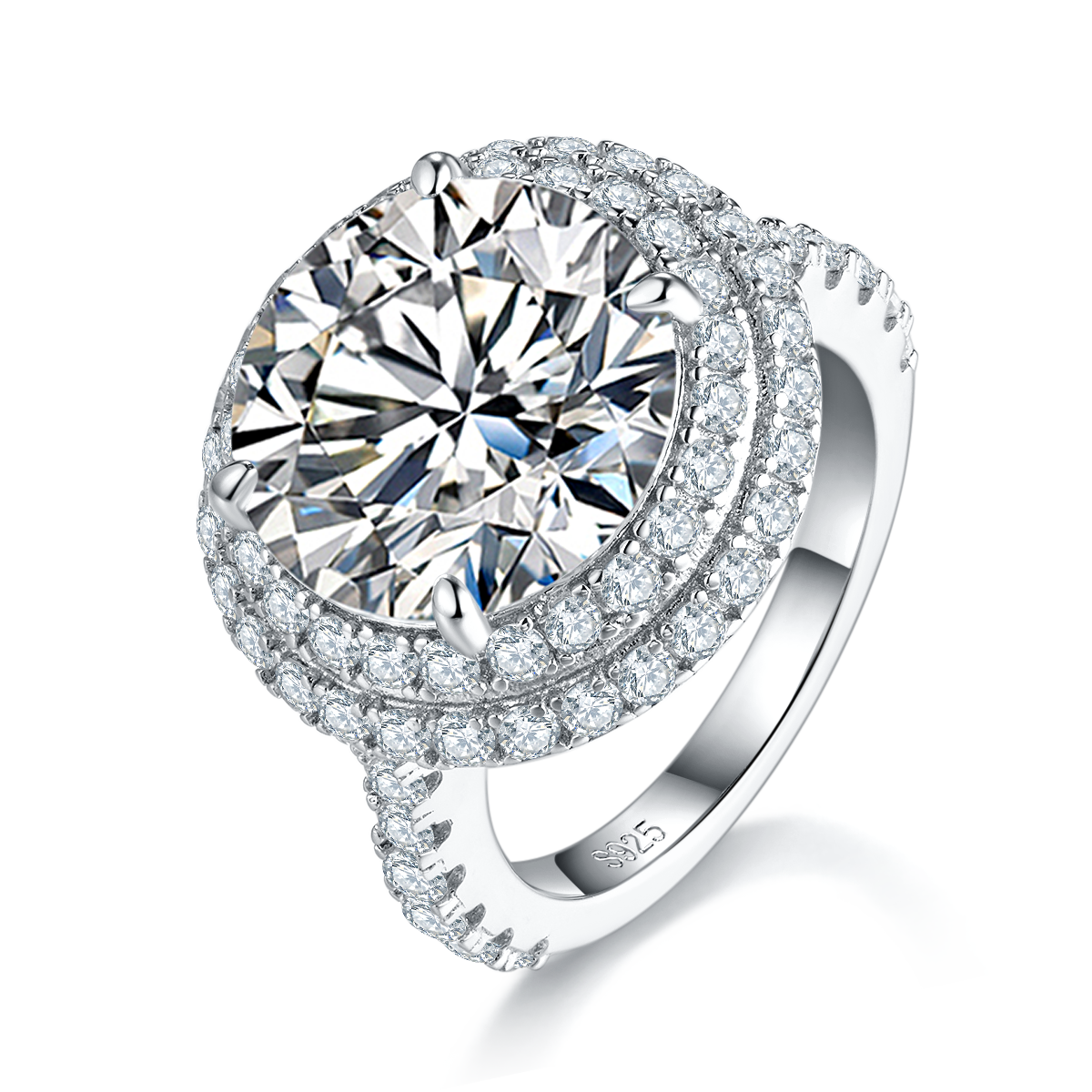 8.0 Carat Round Moissanite Double Halo Ring in S925 Silver with Platinum Plating