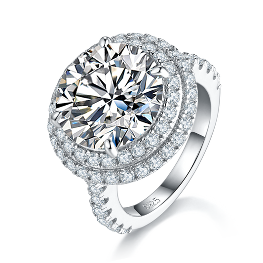 8.0 Carat Round Moissanite Double Halo Ring in S925 Silver with Platinum Plating