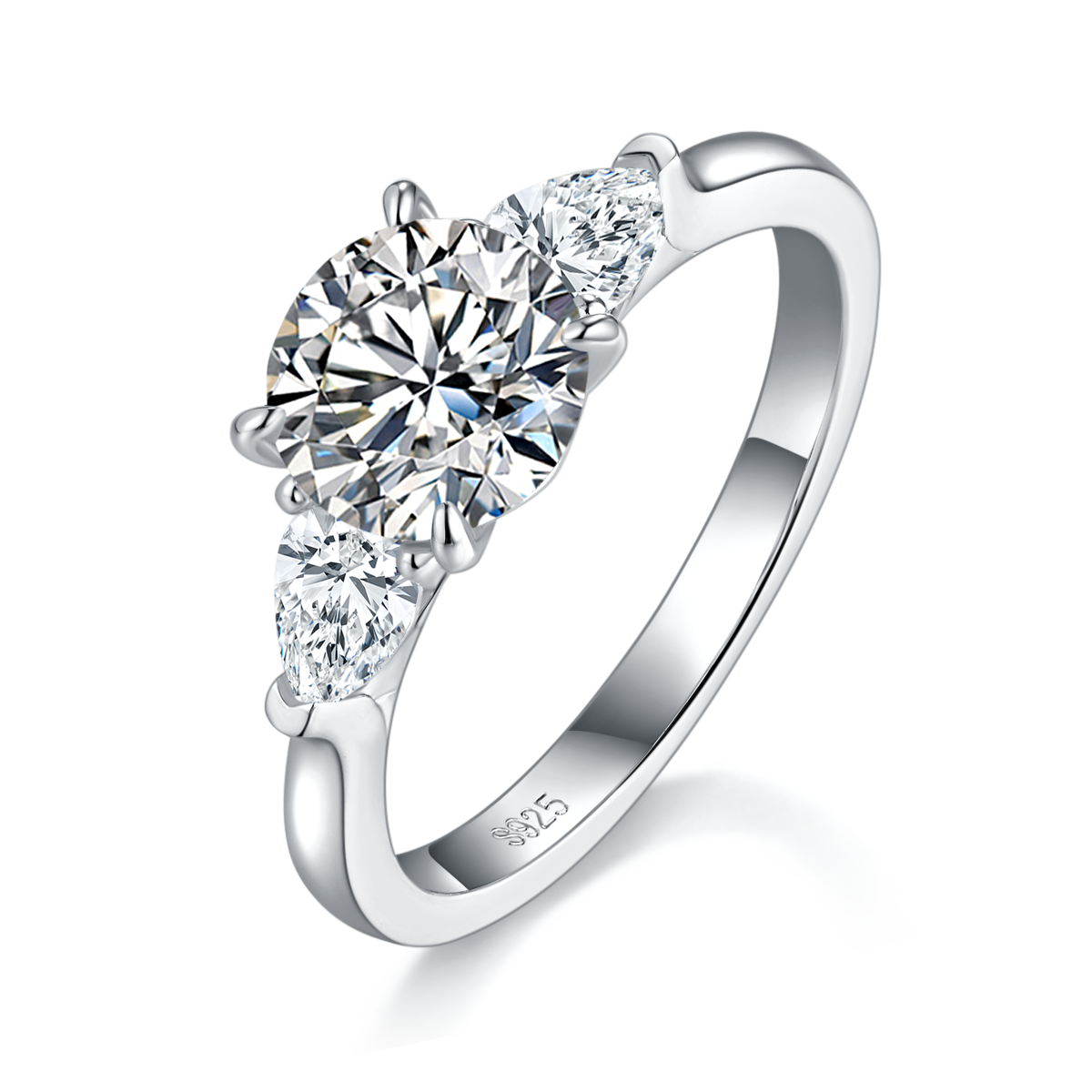 2.0 Carat Round Moissanite Three-Stone Ring in S925 Silver Plated Platinum