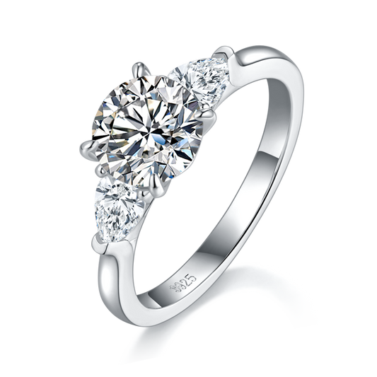 2.0 Carat Round Moissanite Three-Stone Ring in S925 Silver Plated Platinum