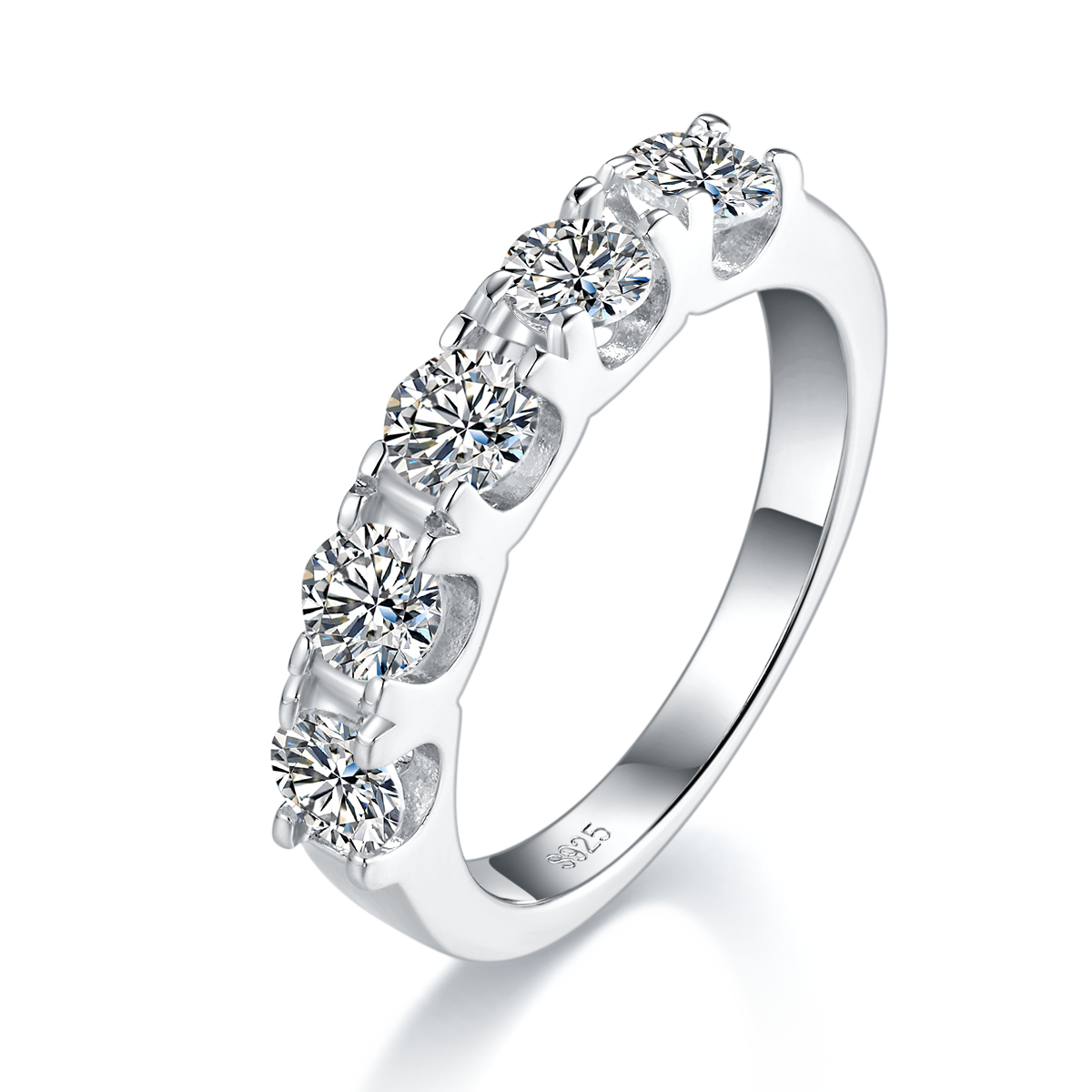 Five Delicate Round Moissanite Rings in S925 Silver-Plated Platinum