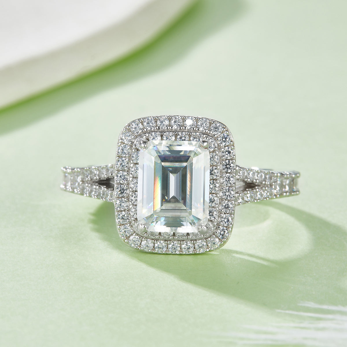 3.0 Carat Emerald Cut Moissanite Ring with Double Halo in S925 Silver Plated Platinum