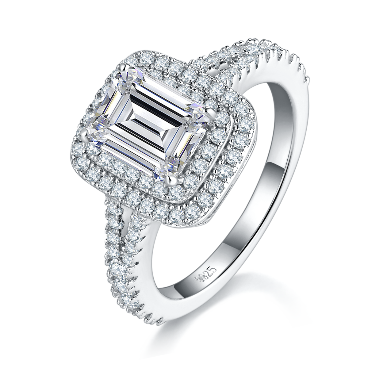 3.0 Carat Emerald Cut Moissanite Ring with Double Halo in S925 Silver Plated Platinum