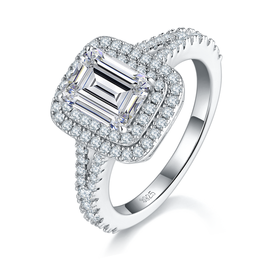 3.0 Carat Emerald Cut Moissanite Ring with Double Halo in S925 Silver Plated Platinum