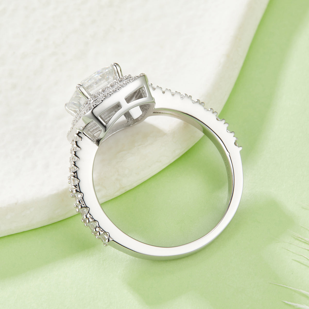 3.0 Carat Emerald Cut Moissanite Ring with Double Halo in S925 Silver Plated Platinum