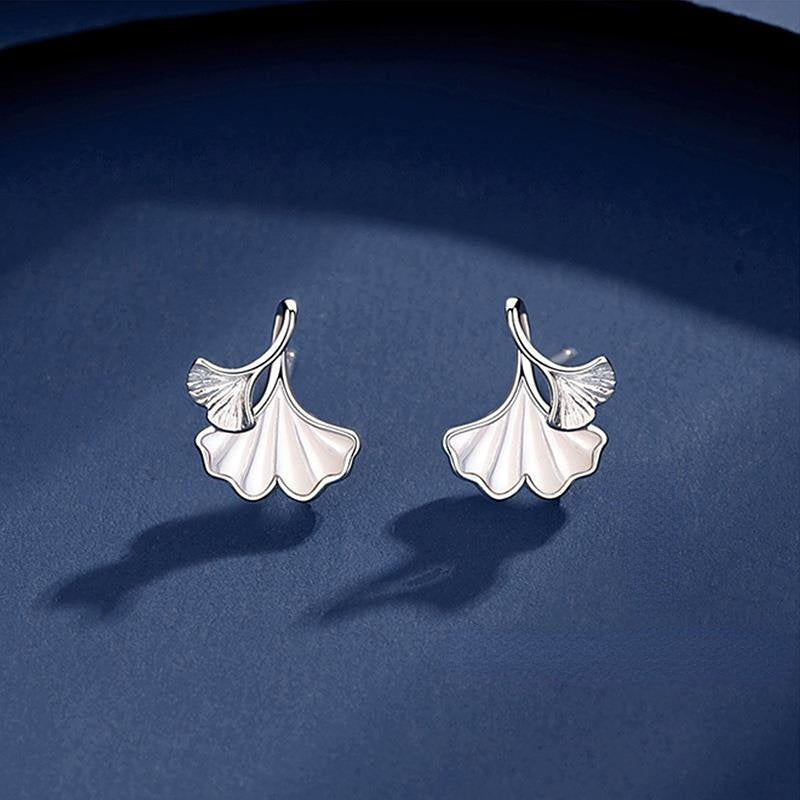 Mother of Pearl Ginkgo Leaf Silver Studs Earrings for Women