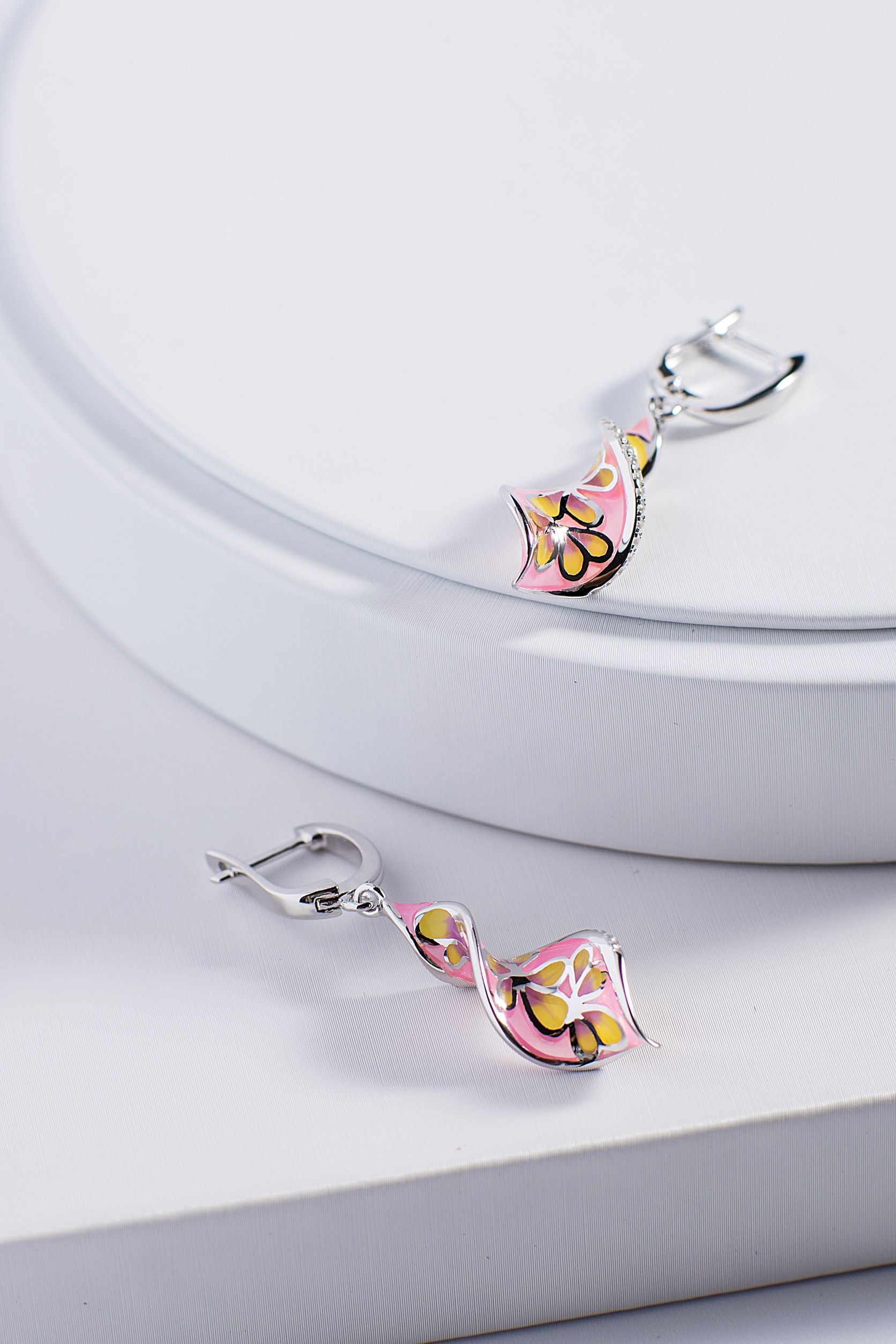 Pink Twist Lines Enamel Silver Drop Earrings for Women