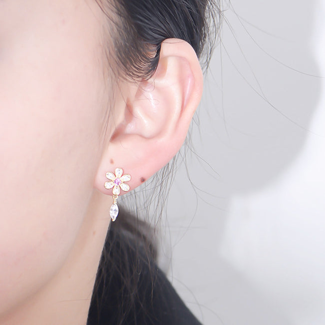 Zircon Flower Tassel Silver Drop Earrings for Women