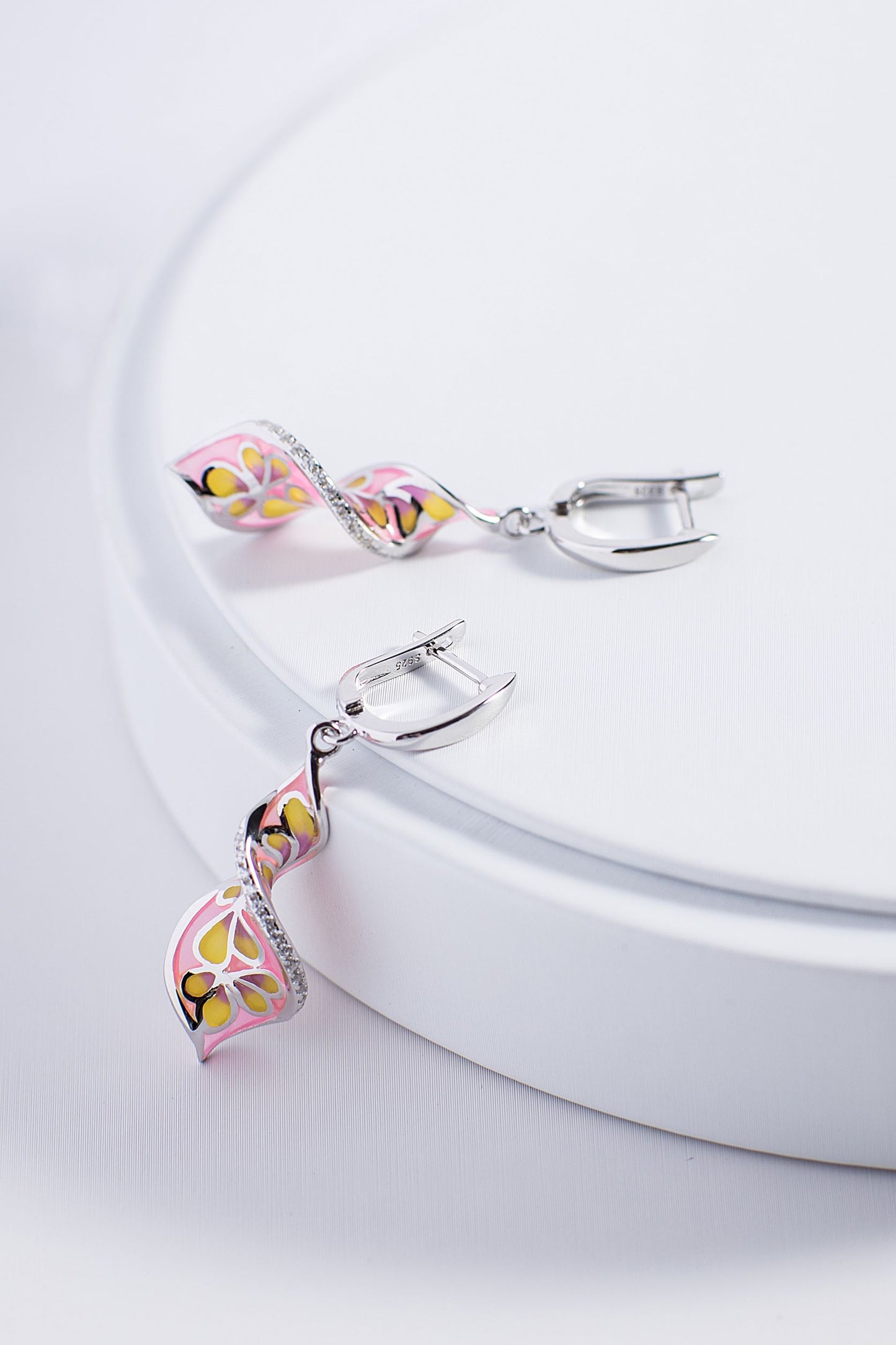 Pink Twist Lines Enamel Silver Drop Earrings for Women