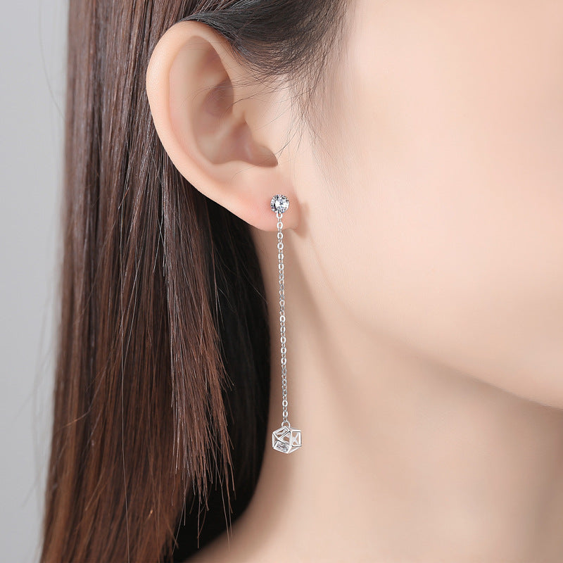 Two Wearing Rubik‘s Cube with Zircon Long Style Silver Drop Earrings for Women