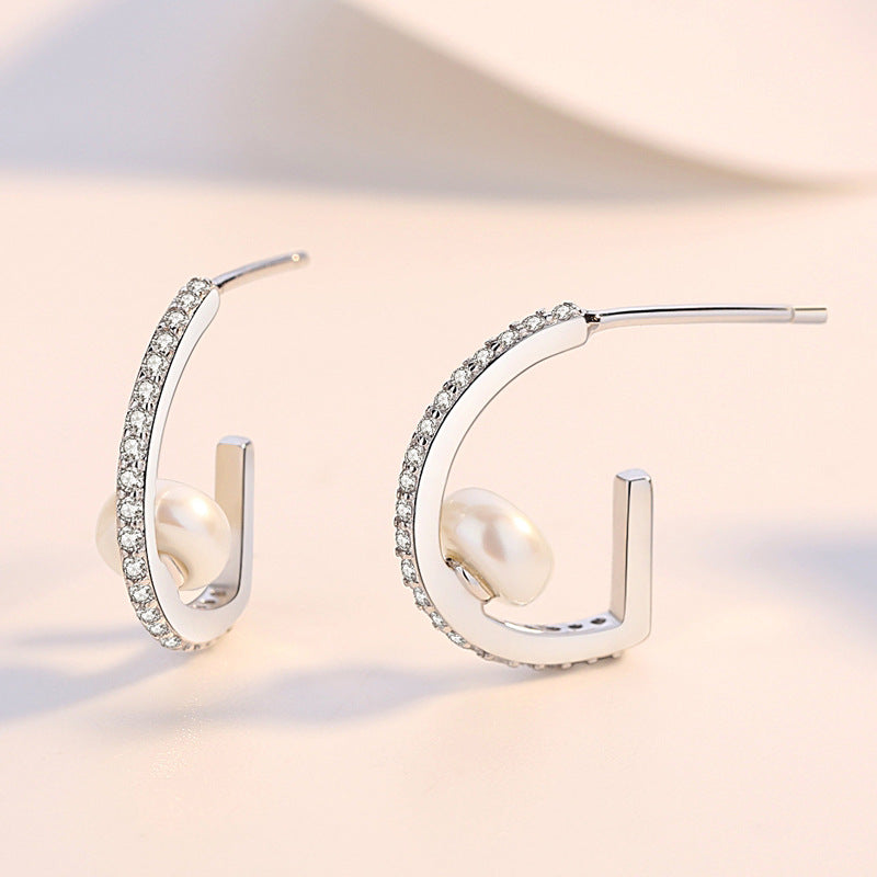 Zircon G-shape with Pearl Silver Studs Earrings for Women